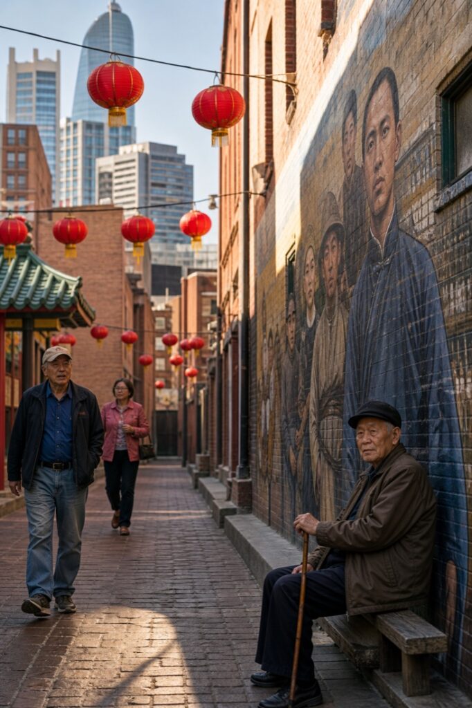 Denver Chinatown alley with red lanterns and heritage mural